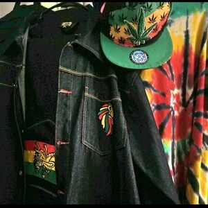 420 Rasta Jamacia Denim Jacket and Hat Set Stoner